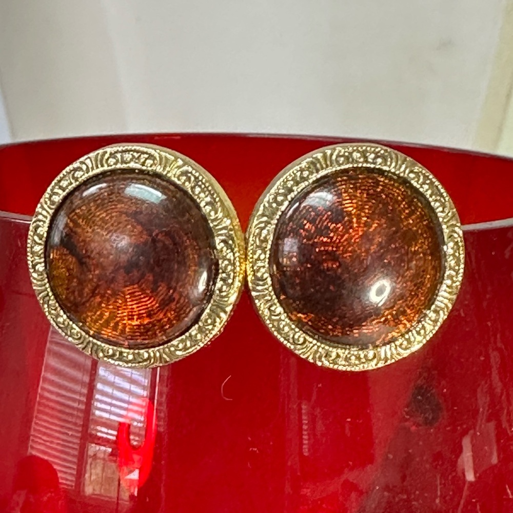 Amber colored button style earrings 1928 goldtone setting